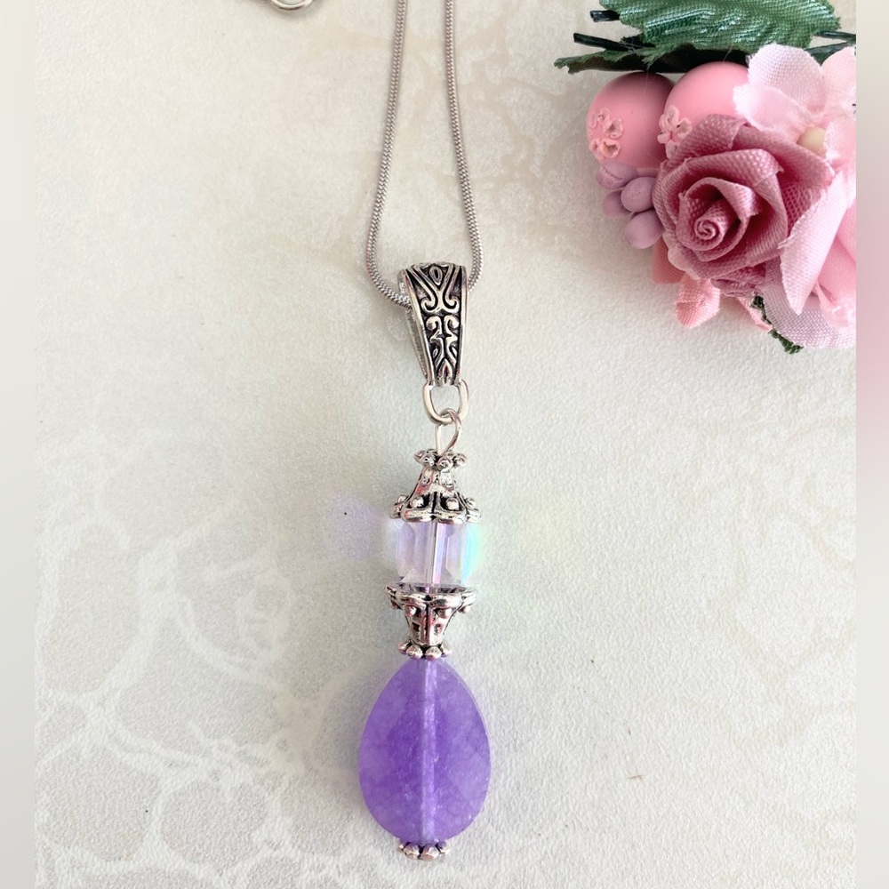 Sterling Silver Necklace with Purple Chalcedony Teardrop and Crystal Pendant